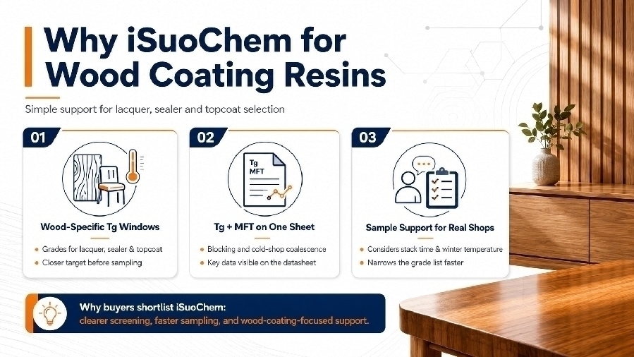 Wood coating formulator checking acrylic resin film samples on furniture panels